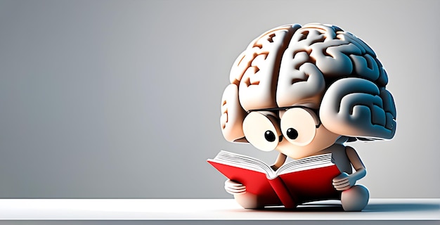 Um personagem cerebral lê um livro em fundo branco para o conceito de processo de aprendizagem