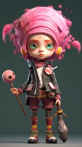 Um personagem com cabelo rosa e cabelo rosa está em um fundo cinza escuro.