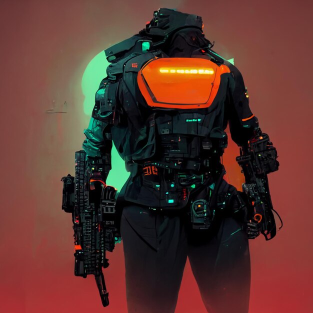 Um personagem com um fundo vermelho e um escudo laranja neon que diz 'cyberpunk' nele