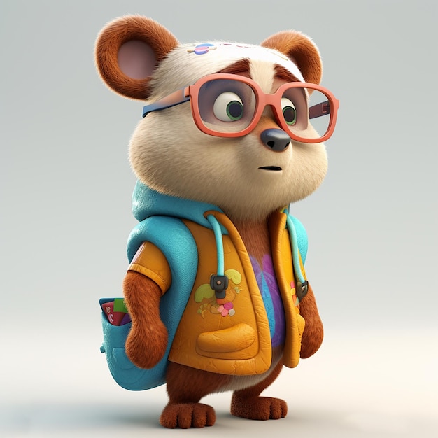 Um personagem com uma mochila e óculos que diz 'bear'on it