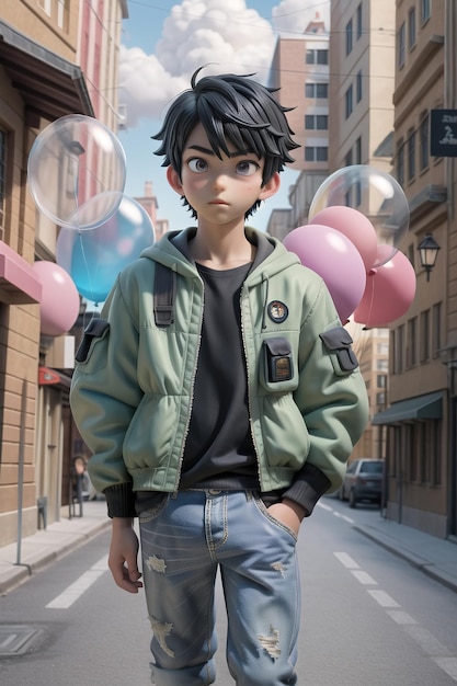 Foto um personagem coolface cartoon boy com um estilo de moda de rua renderização 3d