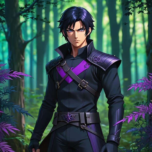 Um personagem de anime com terno preto e floresta ao fundo