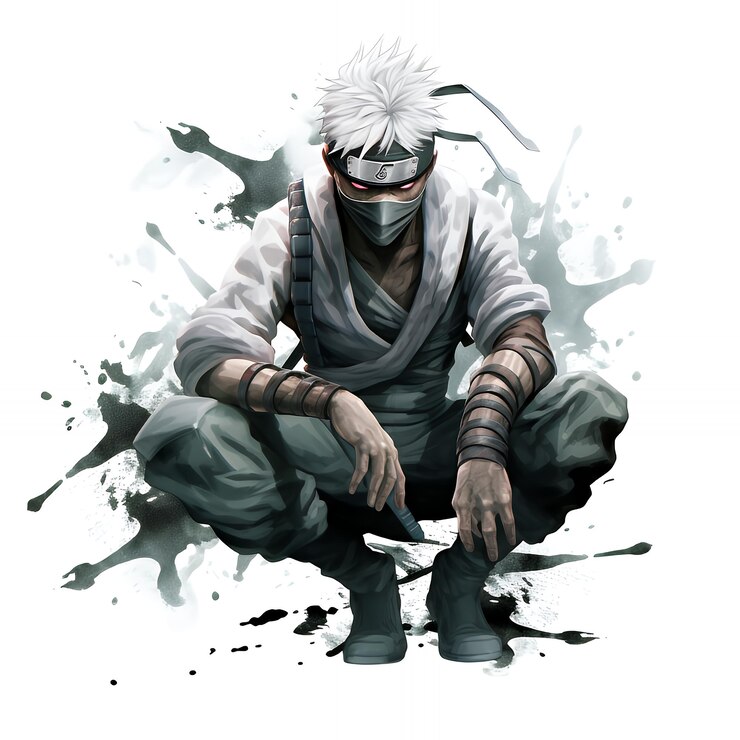 Foto um personagem de anime masculino com cabelo branco e uma máscara está sentado em uma postura de luta cercado por salpicos de tinta preta