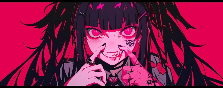 Foto um personagem de anime rosa com um rosto preto e maquiagem rosa