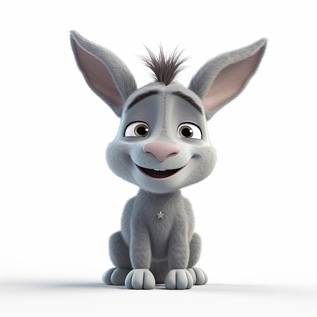 Um personagem de burro 3D feliz sentado em uma ilustração gerada por Ai de fundo branco