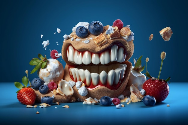 Um personagem de comida com um grande sorriso e muitas frutas vermelhas