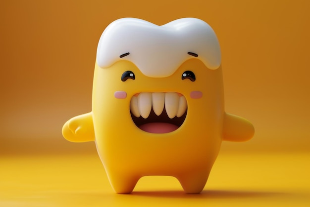 Foto um personagem de dente triste bonito e encantador uma expressão sombria em seu rosto ilustração 3d