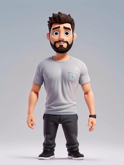 Um personagem de desenho animado 3D com uma camiseta cinzenta