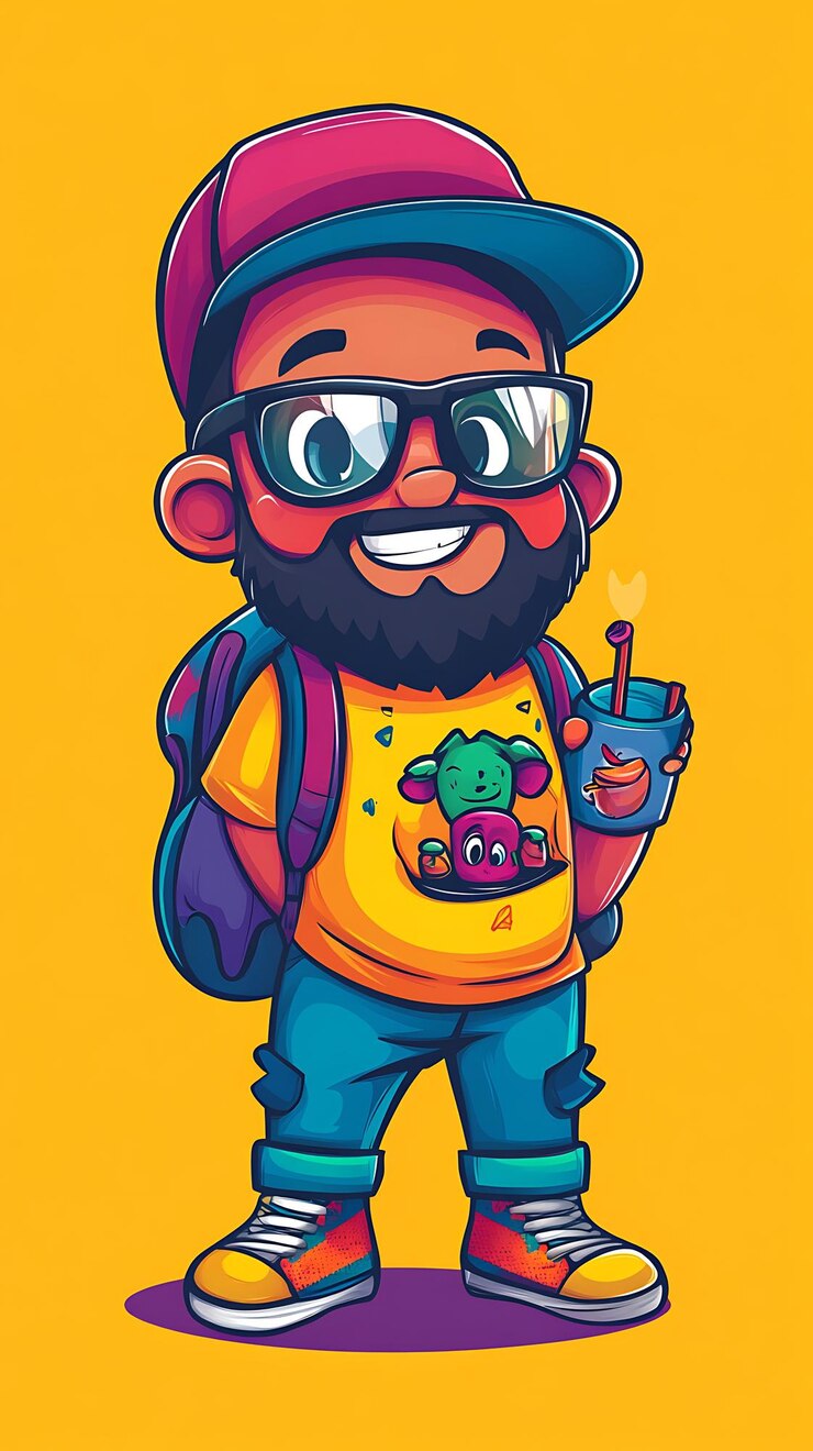 Foto um personagem de desenho animado alegre com óculos, uma mochila e uma bebida em um fundo brilhante