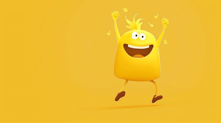 Foto um personagem de desenho animado amarelo feliz salta no ar com confeti caindo em torno dele