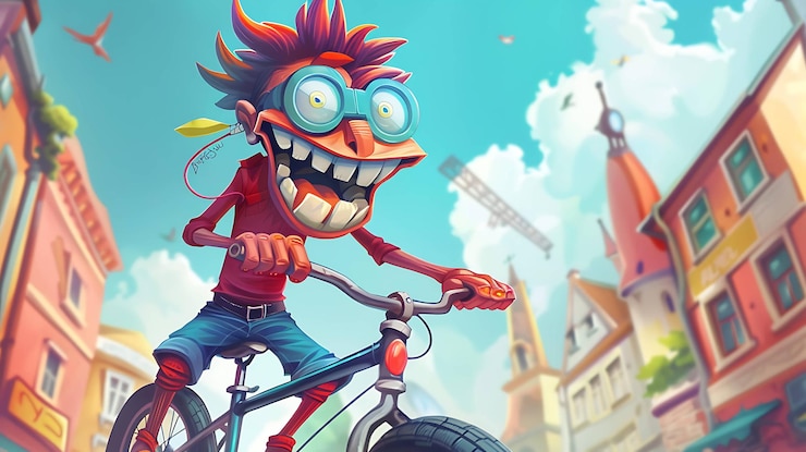 Foto um personagem de desenho animado anda de bicicleta com um grande sorriso no rosto