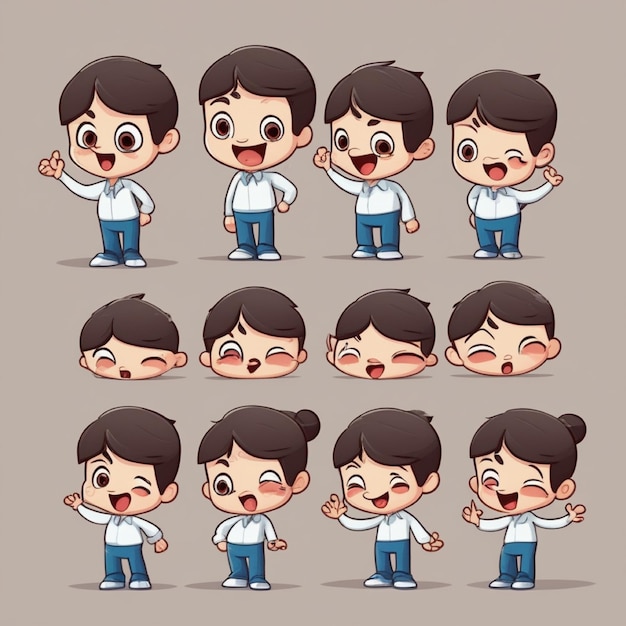 um personagem de desenho animado bonito com diferentes expressões e poses menino 1039