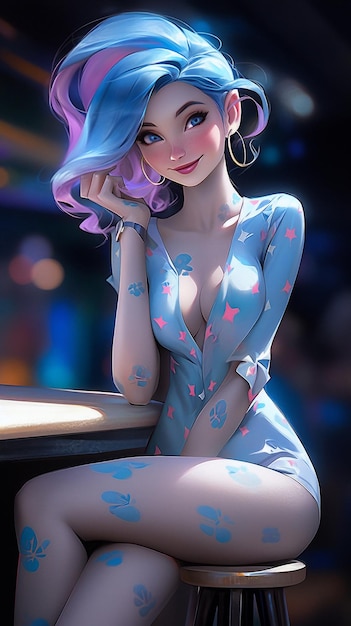 Um personagem de desenho animado com cabelo azul e cabelo rosa e azul está sentado em uma mesa.