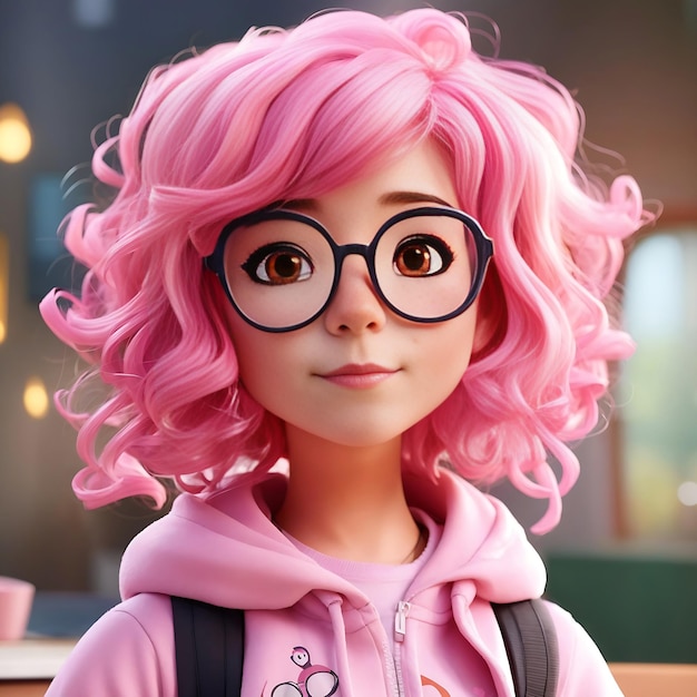 Um personagem de desenho animado com cabelo rosa e óculos