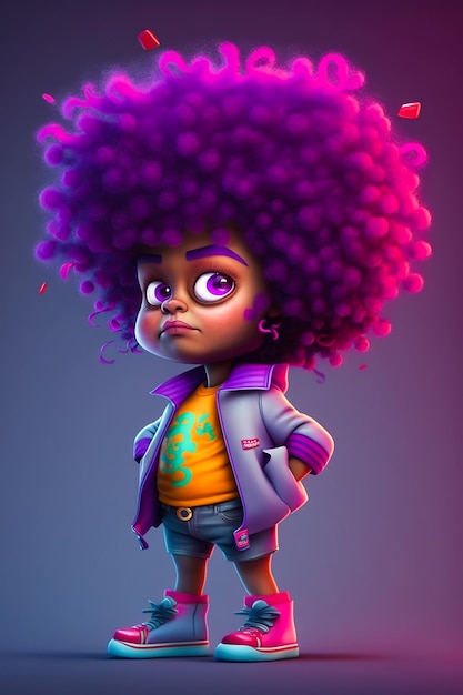 Um personagem de desenho animado com cabelo roxo e um chapéu rosa