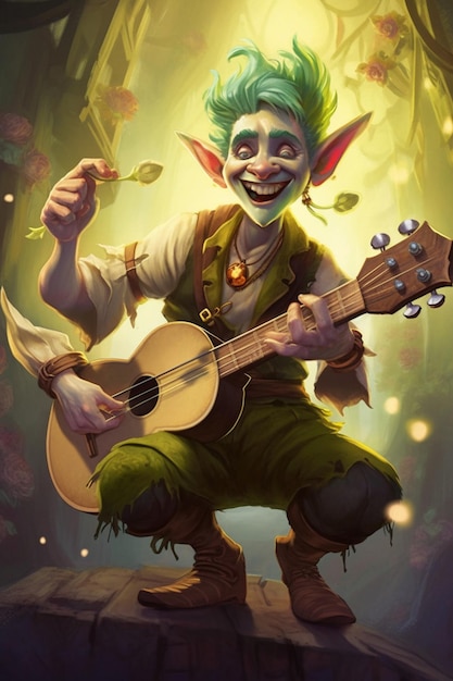 Um personagem de desenho animado com cabelo verde e cabelo verde tocando violão.