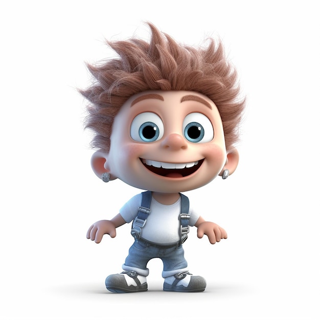 Um personagem de desenho animado com camisa branca e calça azul está parado na frente de um fundo branco