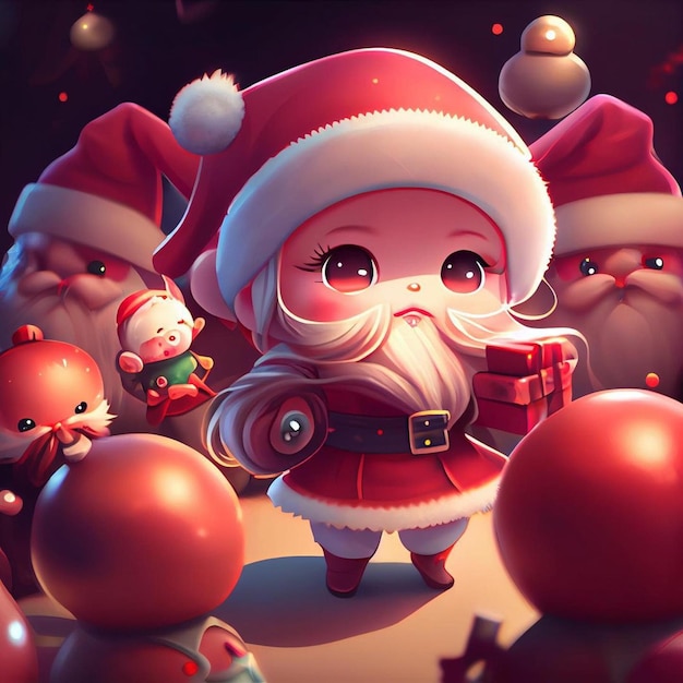 Um personagem de desenho animado com chapéu de Papai Noel e chapéu de Papai Noel segurando um presente.