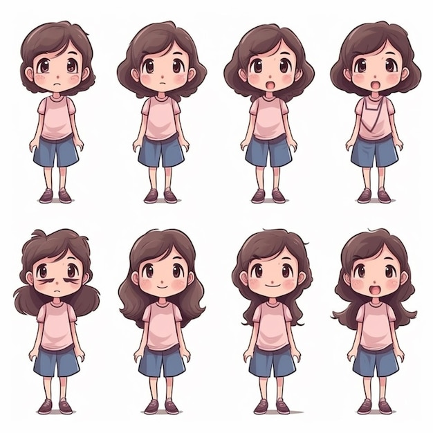 Um personagem de desenho animado com diferentes expressões de uma garota de cabelo castanho e cabelo preto.