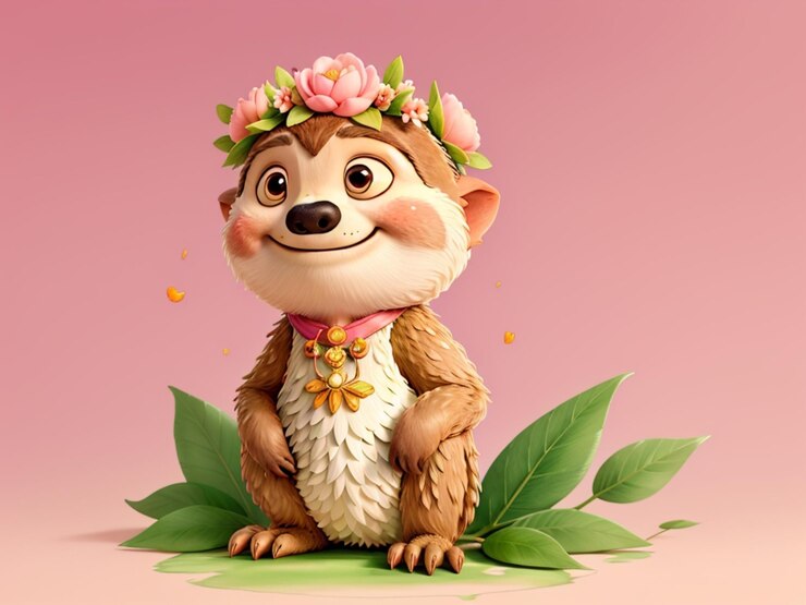 Foto um personagem de desenho animado com flores na cabeça está usando uma coroa de flores