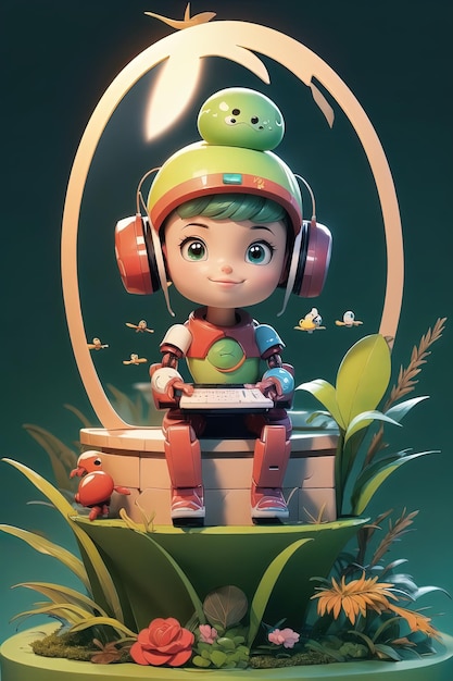 um personagem de desenho animado com fones de ouvido e uma maçã verde na cabeça.