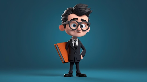 Um personagem de desenho animado com óculos e um terno preto segurando um livro.