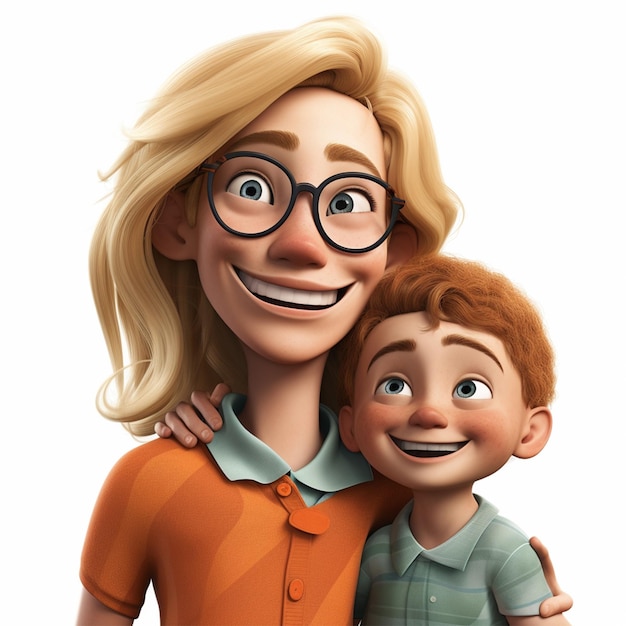 Um personagem de desenho animado com óculos e uma mulher com uma criança