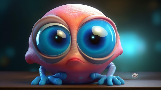 Um personagem de desenho animado com rosto triste e olhos azuis.