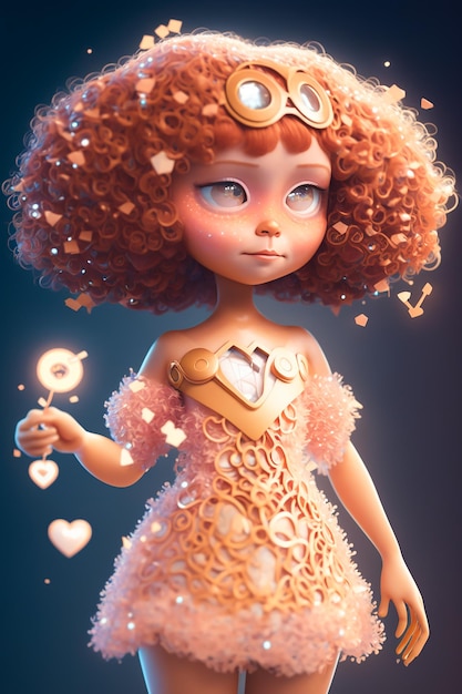 Um personagem de desenho animado com um cabelo em forma de coração e um vestido rosa que diz 'amor' nele