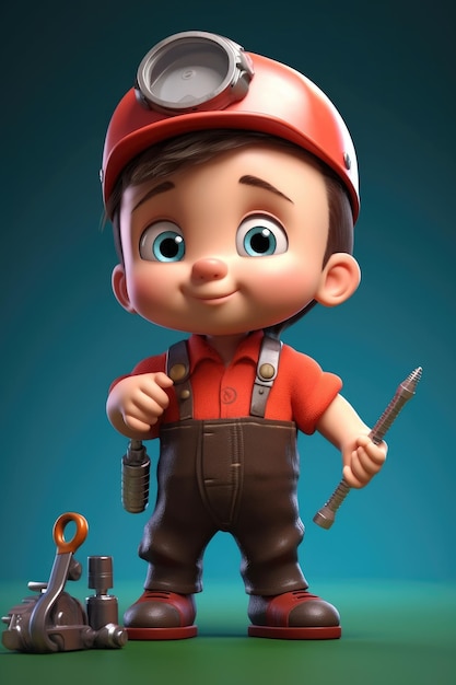 Um personagem de desenho animado com um capacete vermelho e um capacete vermelho segurando um pincel e uma chave inglesa.