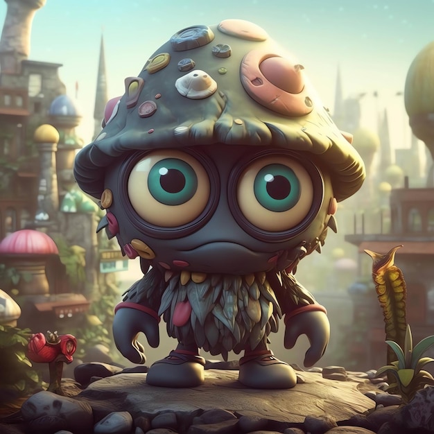 Um personagem de desenho animado com um chapéu de cogumelo e um cogumelo nele.