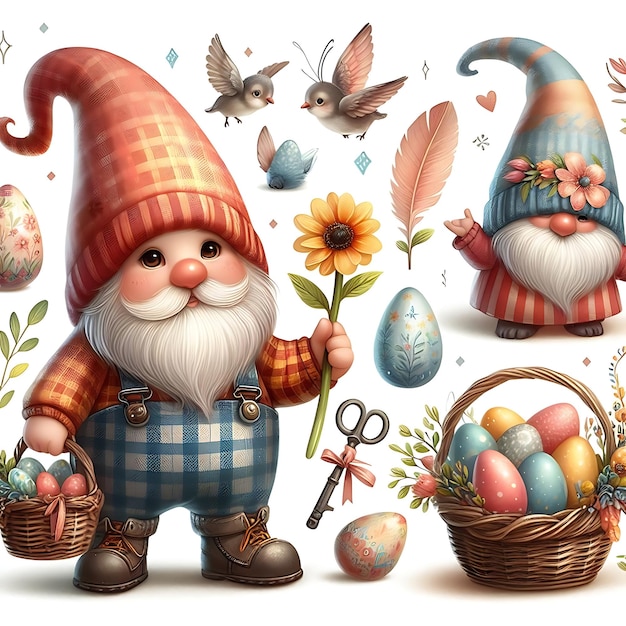 um personagem de desenho animado com um chapéu e um coelho no colo com ovos de Páscoa