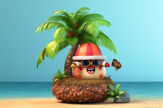 Um personagem de desenho animado com um chapéu e uma palmeira na praia.