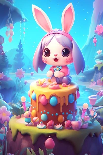 Um personagem de desenho animado com um coelho em cima de um bolo.