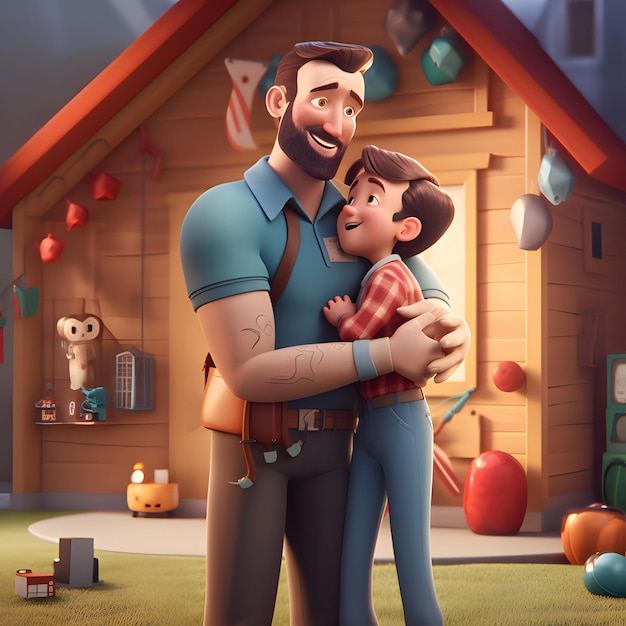 Foto um personagem de desenho animado com um menino a abraçar-se em frente a uma casa.