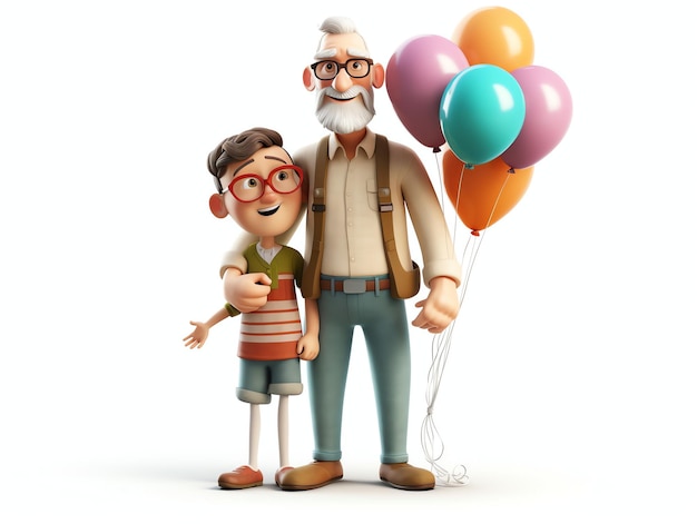Um personagem de desenho animado com um menino e balões