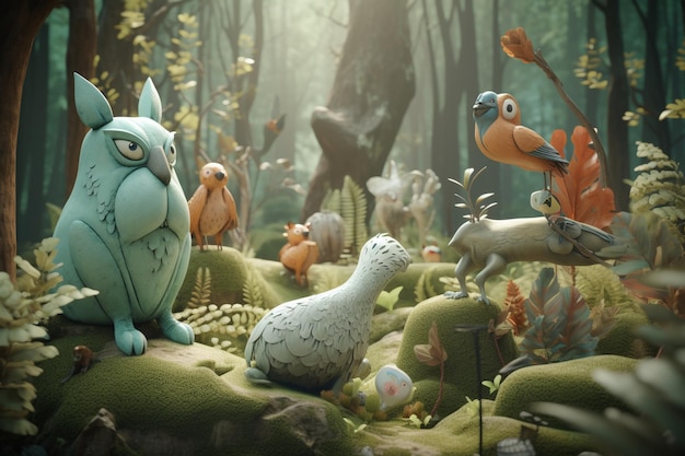 Um personagem de desenho animado com um pássaro na cabeça fica em uma floresta.
