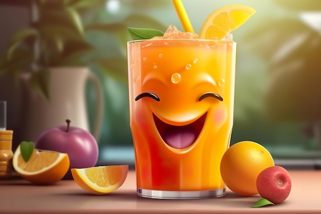 Um personagem de desenho animado com um sorriso no rosto está sentado em frente a um cacho de frutas.