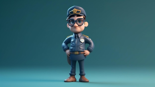 Um personagem de desenho animado com um uniforme azul e óculos fica na frente de um fundo azul.