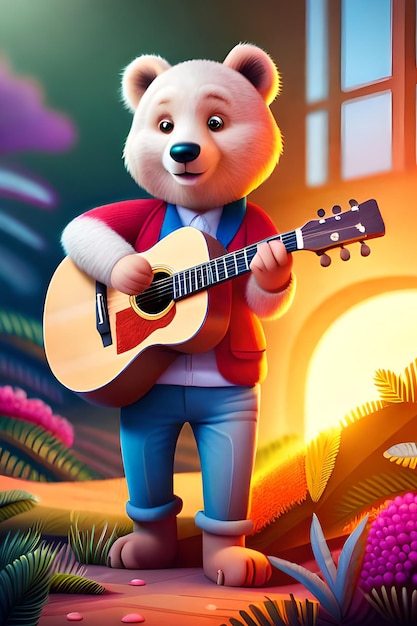 Um personagem de desenho animado com um violão e um cachorro tocando violão.