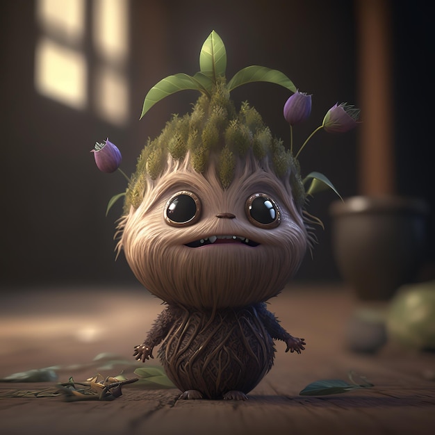 Um personagem de desenho animado com uma árvore na cabeça e uma planta no topo.