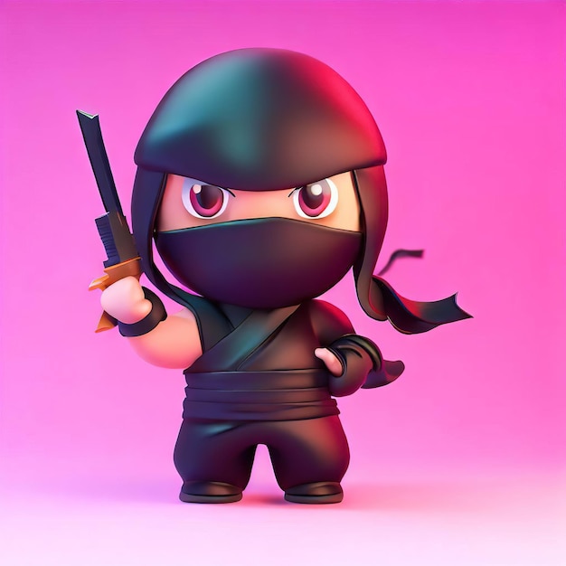 Um personagem de desenho animado com uma máscara ninja preta e um fundo rosa.