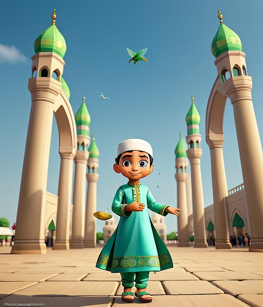 Foto um personagem de desenho animado com uma mesquita verde e azul no fundo