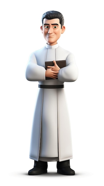 Um personagem de desenho animado com uma túnica branca e uma túnica branca que diz 'o padre'