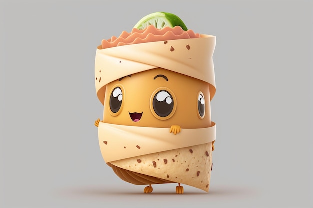 Um personagem de desenho animado de um burrito com rosto e olhos.