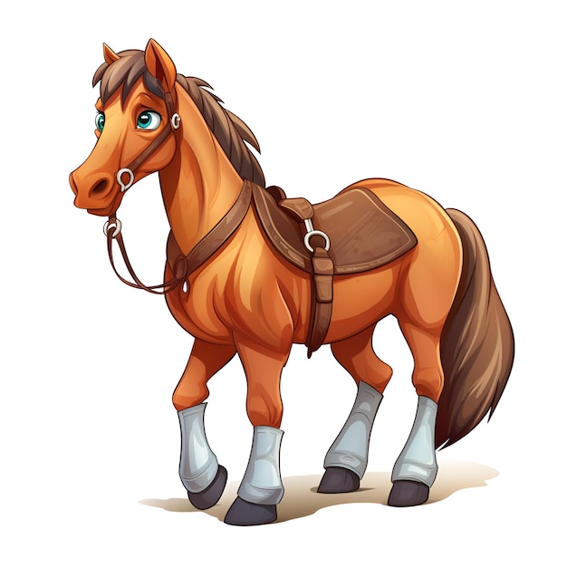 Um personagem de desenho animado de um cavalo com uma sela em um fundo branco