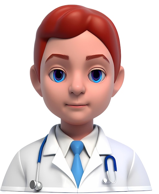 Um personagem de desenho animado de um médico com olhos azuis e um jaleco branco.