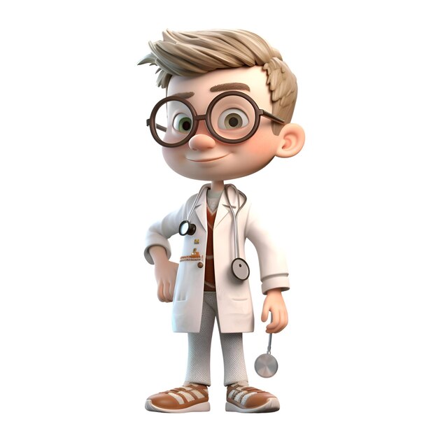 Um personagem de desenho animado de um menino médico com óculos e um estetoscópio