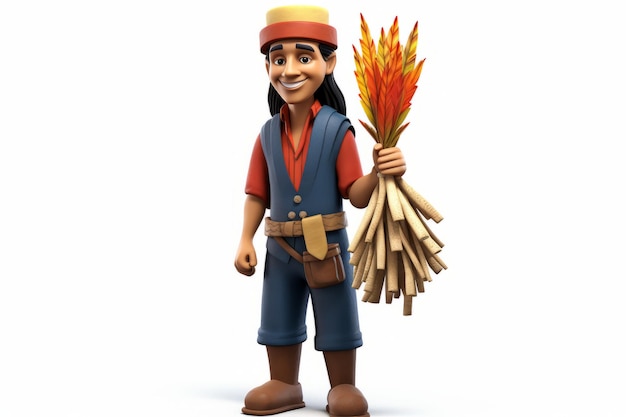 Um personagem de desenho animado de um nativo americano segurando um feixe de trigo