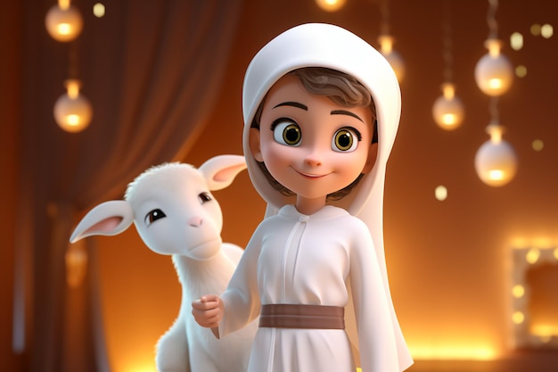 Um personagem de desenho animado de uma criança vestindo um vestido branco com uma cabra branca na ocasião do Eid